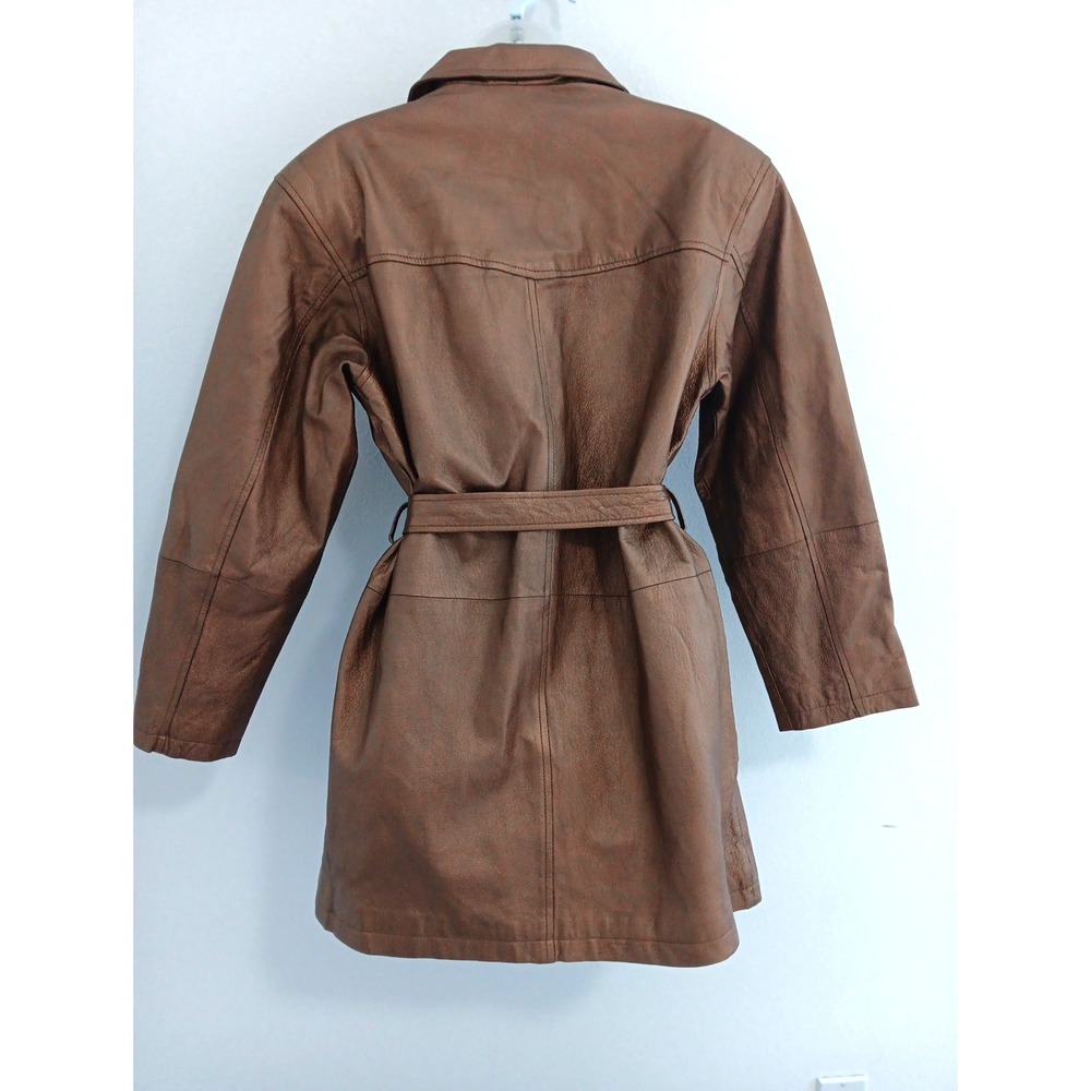 VTG Leather Trench Coat Belted Women Small Metalic Gold Belted‎ Countryside Chic - Picture 5 of 16